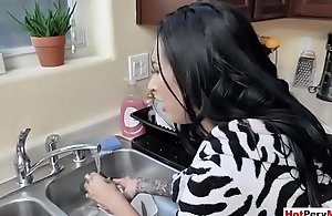 Fucking my busty MILF stepmom while this babe doing dishes