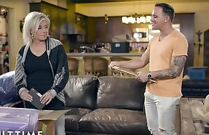 Blonde-haired of age sates inked gay blade on leather couch