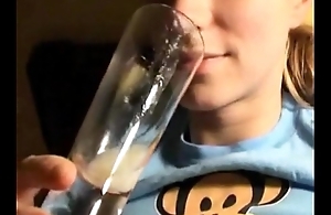Teen drink cum from glass